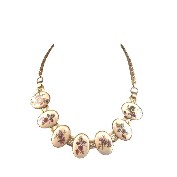 Floral Hand Painted Irredescent Porcelain Panel Necklace With Gold-Tone Chain - Picture 3 of 8